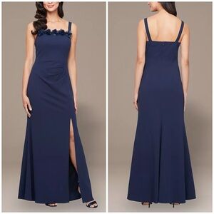 New Alex Evenings Flower Neckline Maxi Dress Square Neck Navy Blue Sz 14